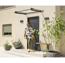 Moderner Eingangsbereich mit schwarzem Vordach, einer minimalistischen schwarzen Haustür und Pflanzkübeln auf einer hellen Terrasse.