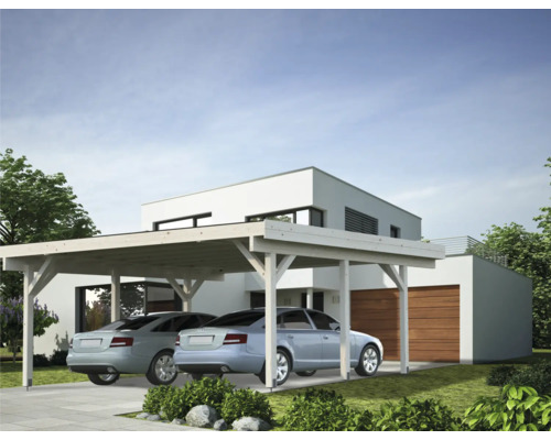 Doppelcarport aus Holz vor modernem Wohnhaus mit zwei parkenden Autos