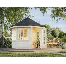 Holz Gartenhaus mit Fenstern und Doppeltür auf einer Terrasse