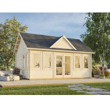 Holzgartenhaus mit Fenstern und Doppeltür auf einer Terrasse