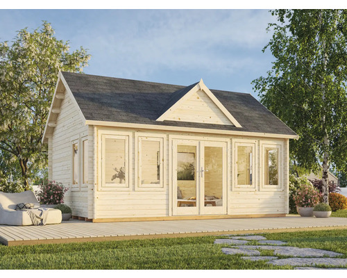 Holzgartenhaus mit Fenstern und Doppeltür auf einer Terrasse