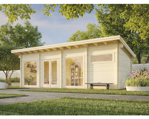 Gartenhaus aus Holz mit Fenstern und Glastüren im Garten