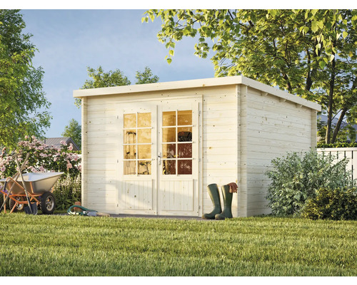 Gartenhaus Palmako Ella 8,7 m² 323 x 340 cm natur Holzgartenhaus mit Doppeltür und Gartengeräten im Garten