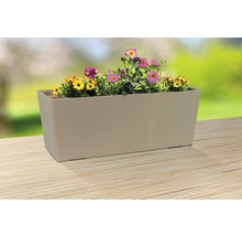 Beiger Pflanzkasten mit gelben und pinken Blumen auf einem Tisch