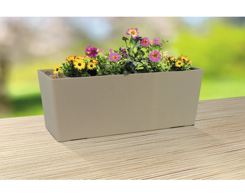 Beiger Pflanzkasten mit gelben und pinken Blumen auf einem Tisch