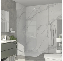 Modernes Badezimmer mit begehbarer Dusche, Waschbeckenunterschrank und Marmorfliesen