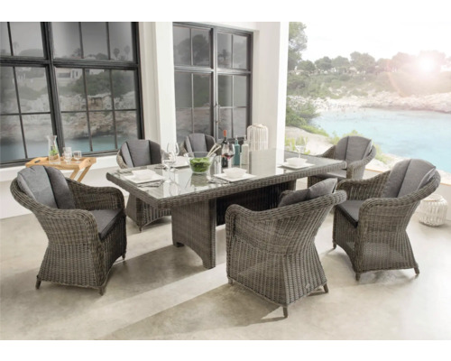 Sitzgruppe Destiny MALAGA LUNA 6 Sessel + Tisch 200x100x75cm, vintage grau Gartensitzgruppe mit sechs Stühlen, Tisch und Tischdeko auf einer Terrasse mit Meerblick