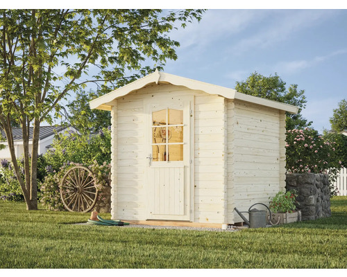 Gartenhaus aus Holz mit Tür und Fenster im Garten