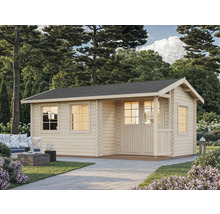 Holzgartenhaus mit Fenstern und Tür im Garten