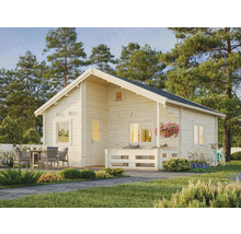 Helles Holz Gartenhaus mit Terrasse, Gartenmöbeln und Blumen