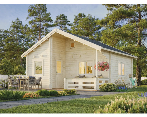 Helles Holz Gartenhaus mit Terrasse, Gartenmöbeln und Blumen