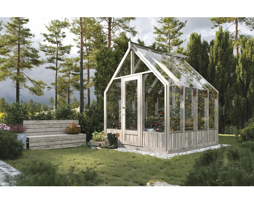 Gewächshaus mit Pflanzen und Gartenbank im Garten