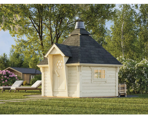 Holzgrillkota im Garten mit Grill, Dach und Fenster