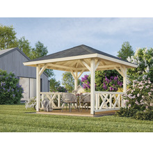 Holzpavillon mit Tisch und Stühlen im Garten