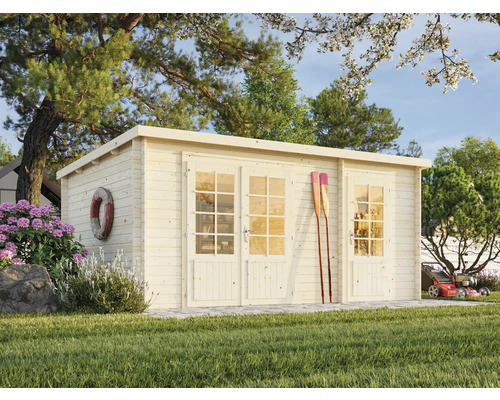 Gartenhaus Palmako Ella 13,1 m² 477 x 350 cm natur Garten mit Gartenhaus aus Holz, Paddeln und Rettungsring