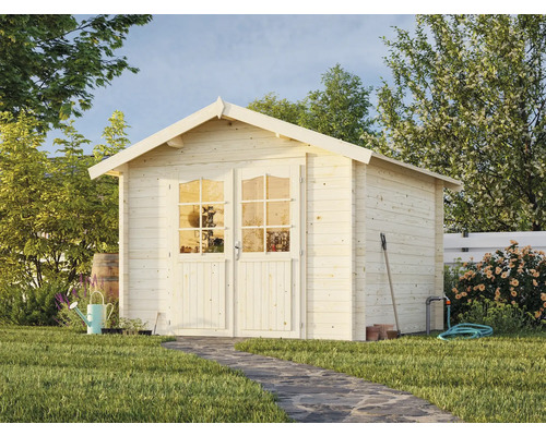 Holzgartenhaus mit Doppeltür und Fenster im Garten