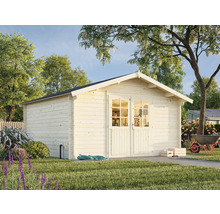 Holzgartenhaus mit Doppeltür und Fenstern im Garten