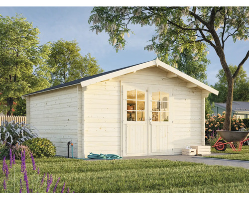 Holzgartenhaus mit Doppeltür und Fenstern im Garten