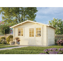 Holzgartenhaus mit Fenstern und Doppeltür im Garten