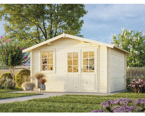 Holzgartenhaus mit Doppeltür und Fenstern im Garten