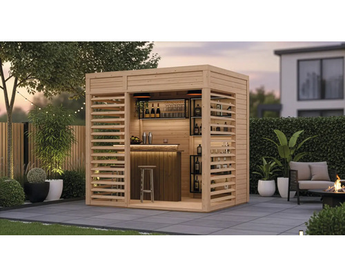 Holzgartenbar mit Regalen, Barhocker und Außenbereich
