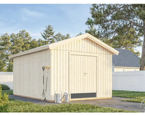 Garten Szene mit Holzgartenhaus, Gartengeräten und Pflanzen