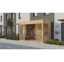 Fahrradgarage aus Holz mit Fahrrädern und Zubehör