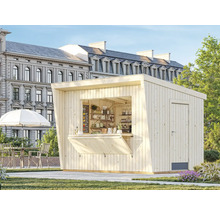 Holzgartenhaus mit Verkaufsklappe, Tür und Regalen vor Gebäude