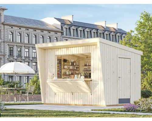 Holzgartenhaus mit Verkaufsklappe, Tür und Regalen vor Gebäude