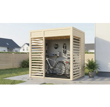 Fahrradgarage aus Holz mit Fahrrädern, Fahrradhelm und Zubehör