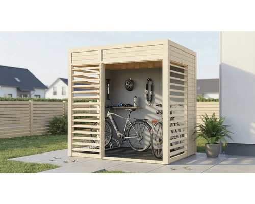 Fahrradgarage aus Holz mit Fahrrädern, Fahrradhelm und Zubehör