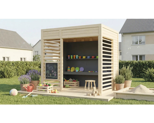 Spielhaus aus Holz mit Regalen, Kreidetafel, Gemüse und Sandkasten im Garten