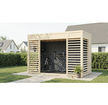 Fahrradgarage aus Holz mit zwei Fahrrädern und Zubehör