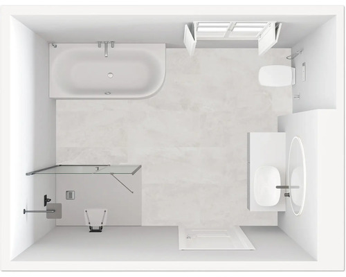 Draufsicht eines Badezimmers mit Badewanne, Toilette, Waschbecken und Duschabtrennung