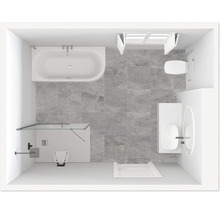 Draufsicht eines Badezimmers mit Badewanne, Dusche, Toilette und Waschbecken