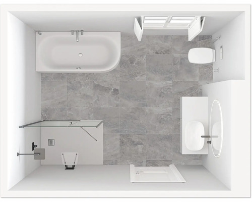 Draufsicht eines Badezimmers mit Badewanne, Dusche, Toilette und Waschbecken