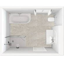 Draufsicht eines Badezimmers mit Badewanne, Dusche, Waschbecken und Toilette