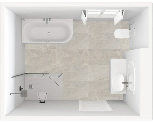 Draufsicht eines Badezimmers mit Badewanne, Dusche, Waschbecken und Toilette