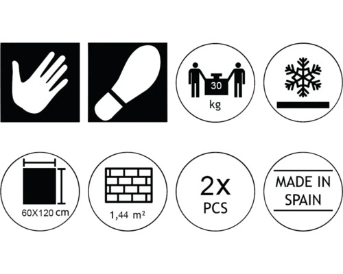 Symbole für Handberührung, Begehbarkeit, Belastbarkeit bis 30 kg, Frostbeständigkeit, Fliesengröße 60x120 cm, Flächenmaß 1,44 m², 2 Stück pro Packung, Hergestellt in Spanien