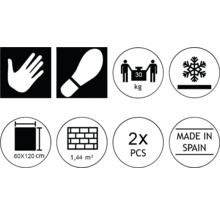 Piktogramme mit Produkteigenschaften: Hand-Symbol, Trittsicherheit, Gewicht bis zu 30 kg, Frostbeständigkeit, Maße 60x120 cm, 1,44 m², 2 Stück, Hergestellt in Spanien