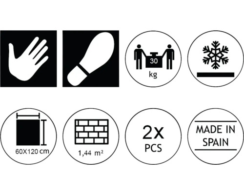 Piktogramme mit Produkteigenschaften: Hand-Symbol, Trittsicherheit, Gewicht bis zu 30 kg, Frostbeständigkeit, Maße 60x120 cm, 1,44 m², 2 Stück, Hergestellt in Spanien