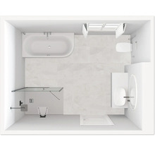 Draufsicht eines Badezimmers mit Badewanne, Dusche, Toilette und Waschbecken