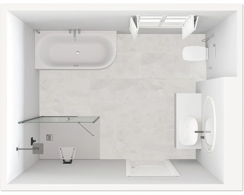 Draufsicht eines Badezimmers mit Badewanne, Dusche, Toilette und Waschbecken