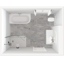 Draufsicht eines Badezimmers mit Badewanne, Dusche, Toilette und Waschbecken