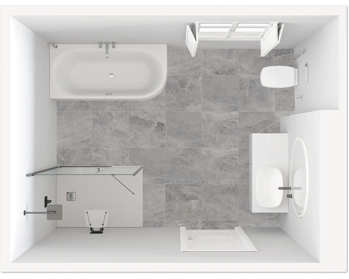 Draufsicht eines Badezimmers mit Badewanne, Dusche, Toilette und Waschbecken