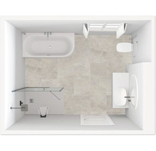 Draufsicht eines Badezimmers mit Badewanne, Toilette, Waschbecken und Dusche