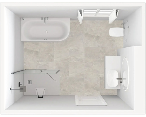 Draufsicht eines Badezimmers mit Badewanne, Toilette, Waschbecken und Dusche