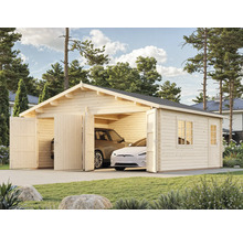 Holzgarage mit zwei Autos und Flügeltüren