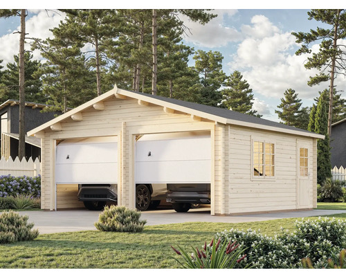 Doppelgarage aus Holz mit zwei Autos und Seitentür im Garten