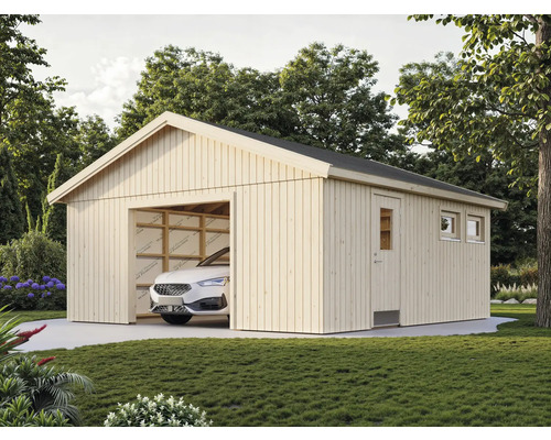 Garage aus Holz mit einem Auto davor